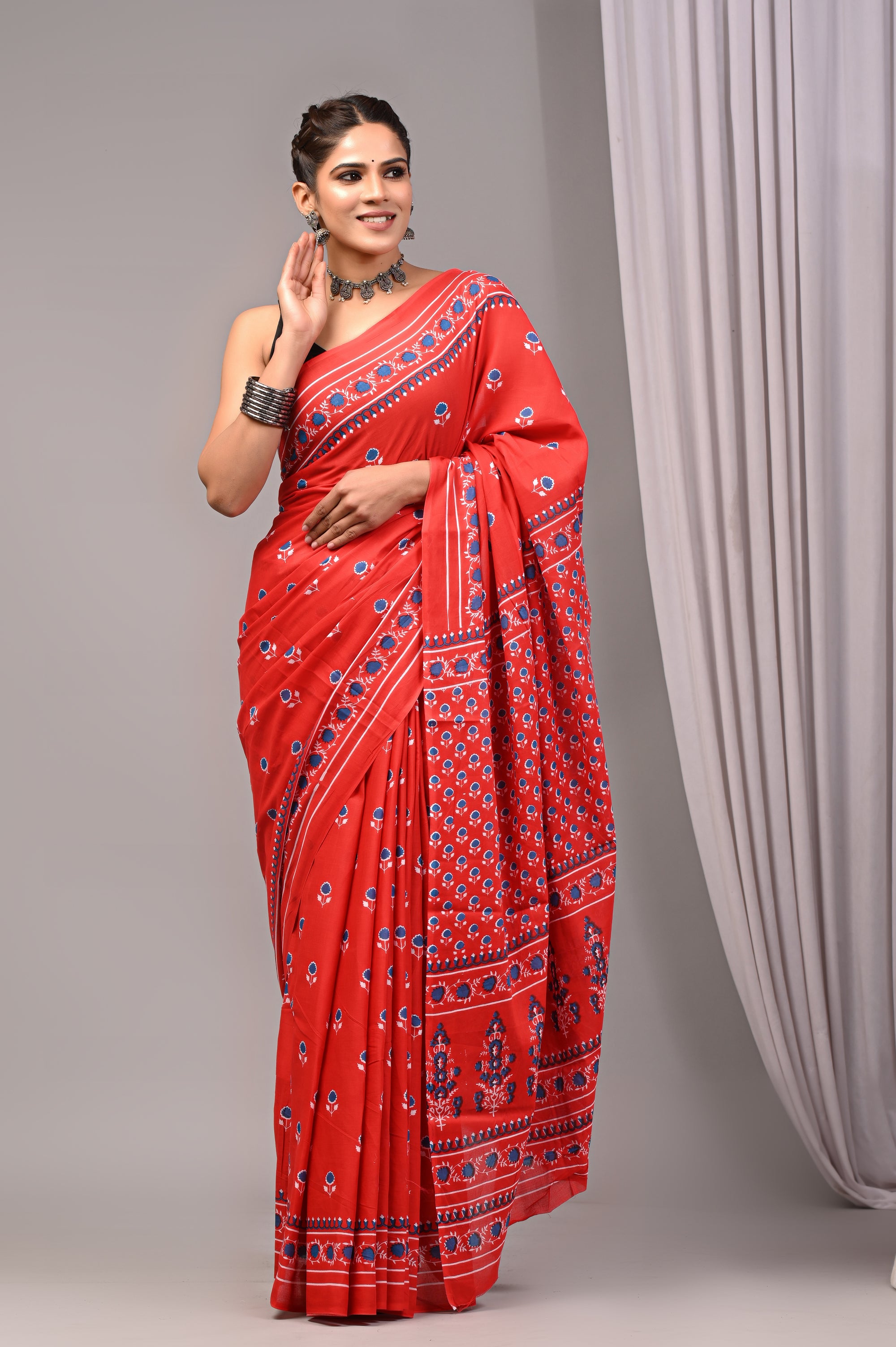 ROVIM Jaipuri Hand Block Printed Cotton Mulmul Saree with Blouse – Soft, Lightweight & Skin-Friendly | Traditional Ethnic Wear for Women