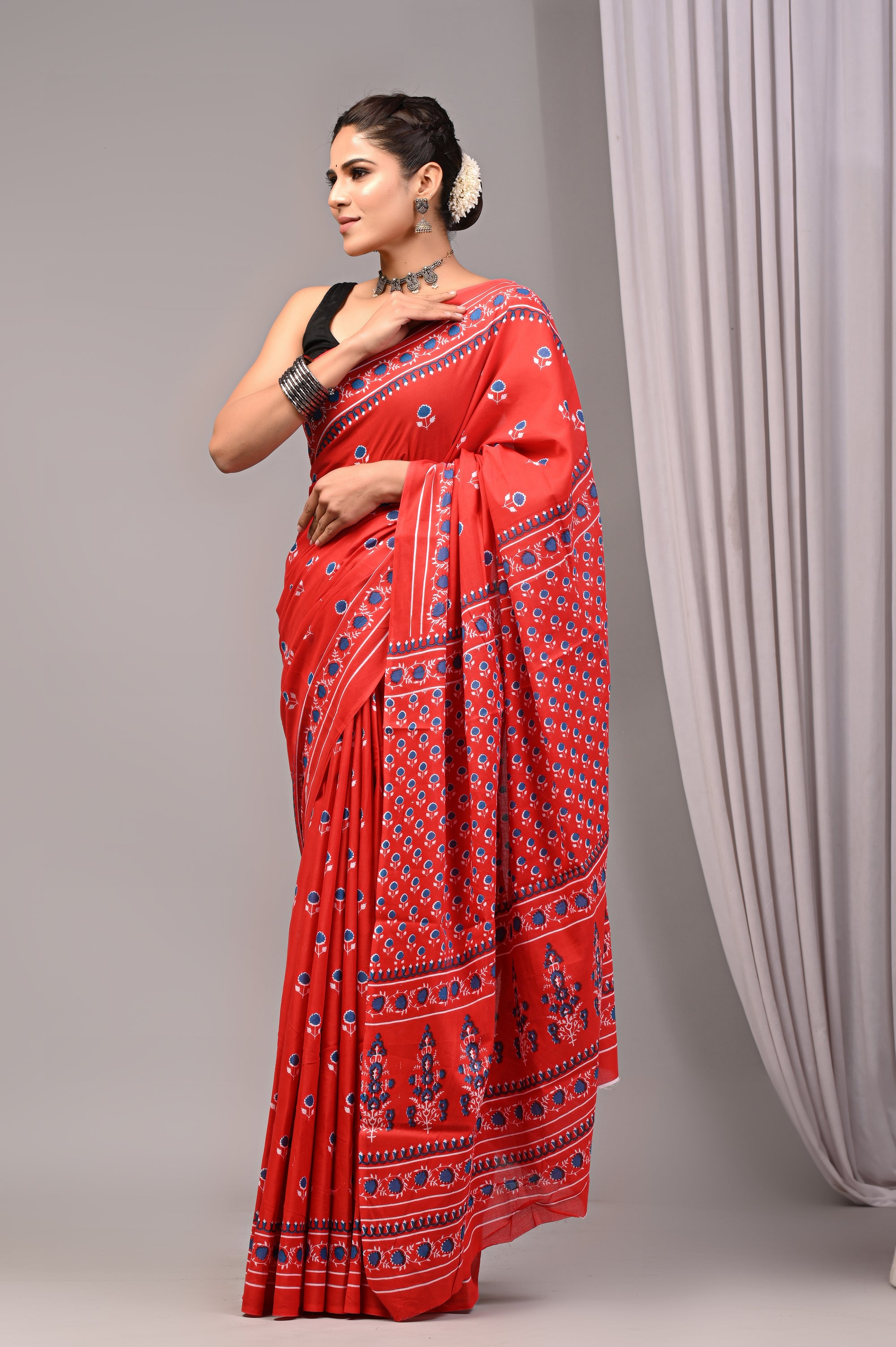 ROVIM Jaipuri Hand Block Printed Cotton Mulmul Saree with Blouse – Soft, Lightweight & Skin-Friendly | Traditional Ethnic Wear for Women