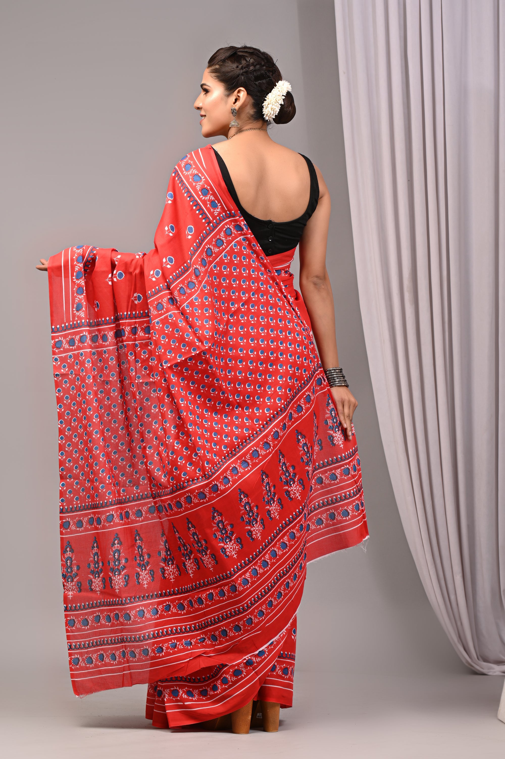 ROVIM Jaipuri Hand Block Printed Cotton Mulmul Saree with Blouse – Soft, Lightweight & Skin-Friendly | Traditional Ethnic Wear for Women
