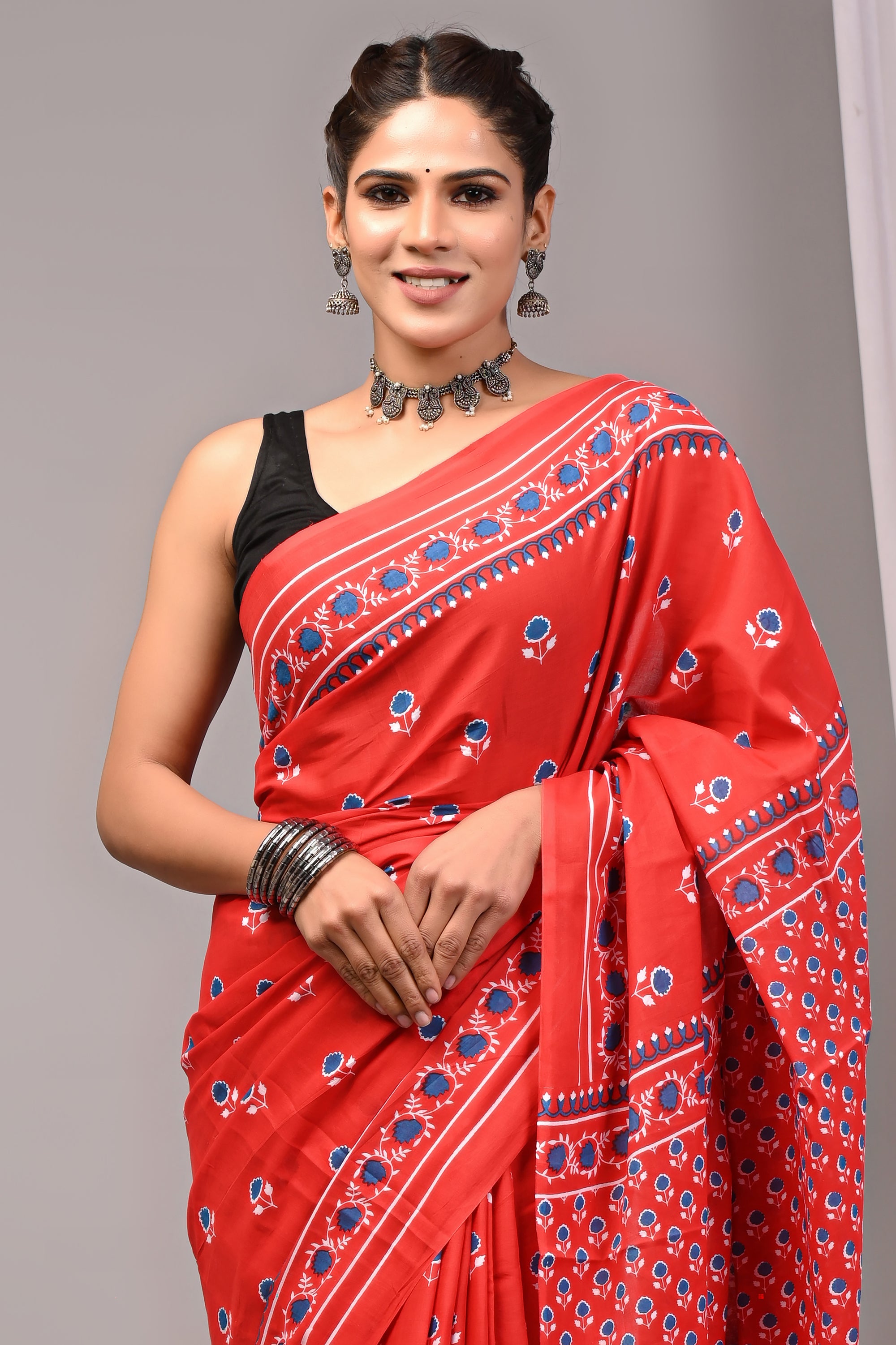 ROVIM Jaipuri Hand Block Printed Cotton Mulmul Saree with Blouse – Soft, Lightweight & Skin-Friendly | Traditional Ethnic Wear for Women