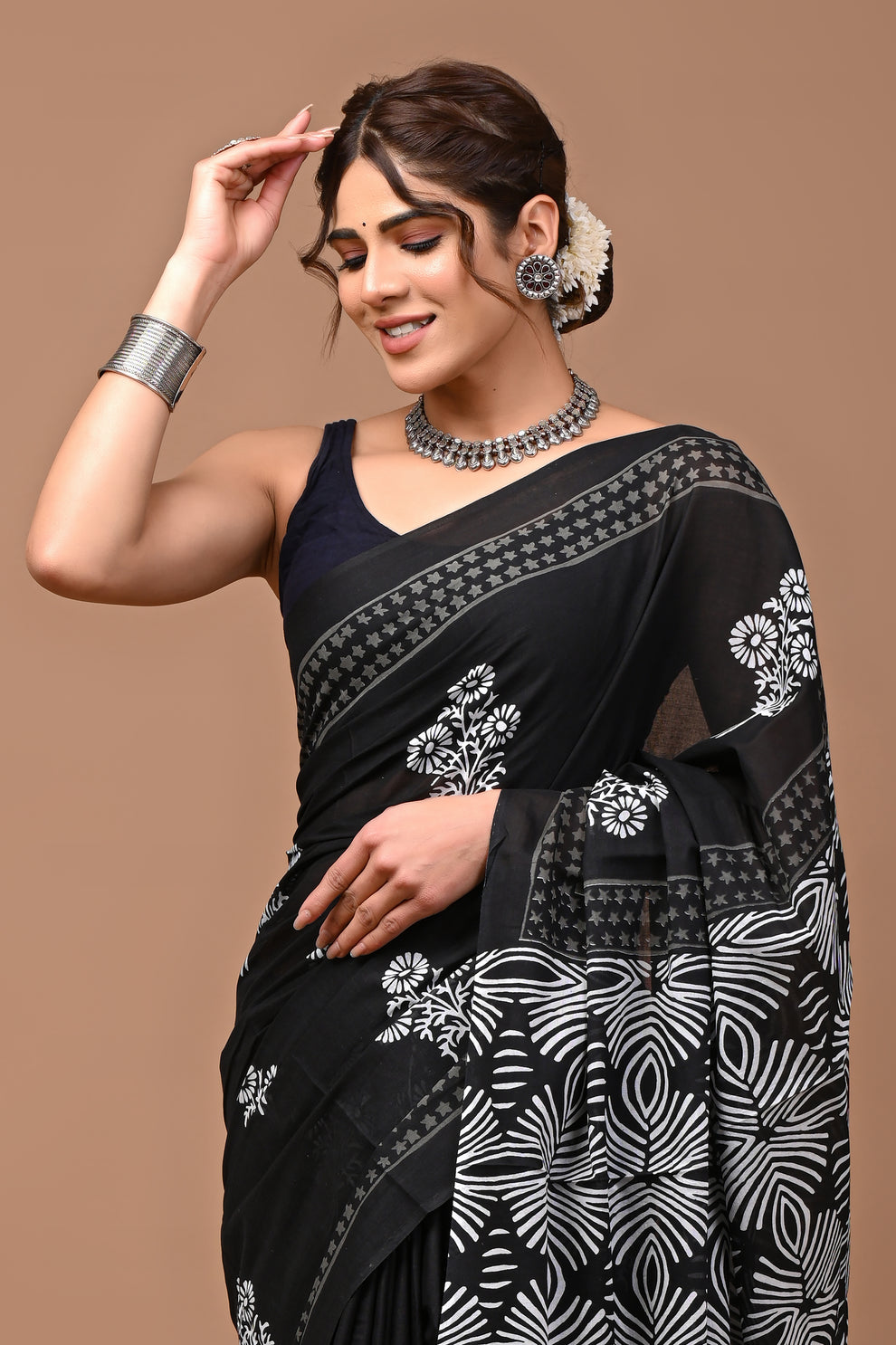 ROVIM Hand Block Printed Cotton Saree with Golden Zari Border & Blouse – Elegant Traditional Wear for Festive & Special Occasions