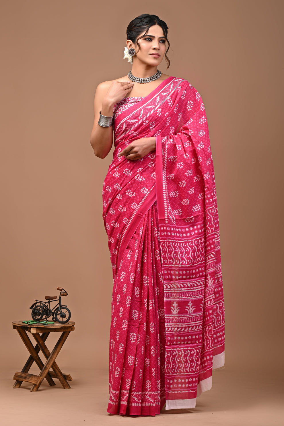 ROVIM Jaipuri Hand Block Printed Cotton Mulmul Saree with Blouse – Soft, Lightweight & Skin-Friendly | Traditional Ethnic Wear for Women