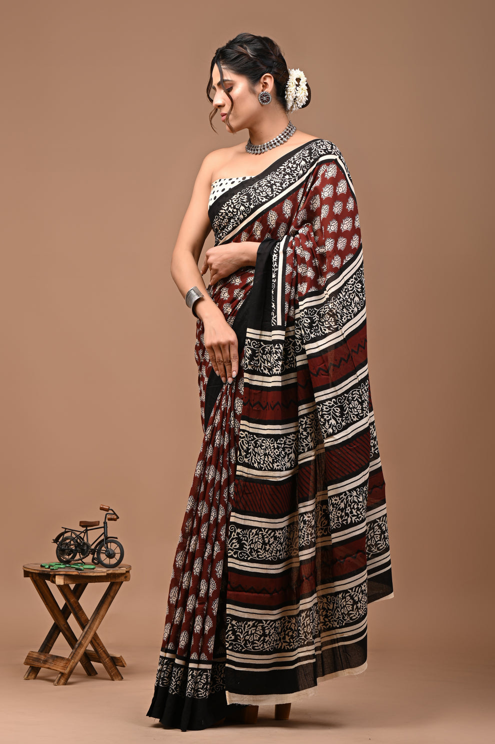 ROVIM Jaipuri Hand Block Printed Cotton Mulmul Saree with Blouse – Soft, Lightweight & Skin-Friendly | Traditional Ethnic Wear for Women