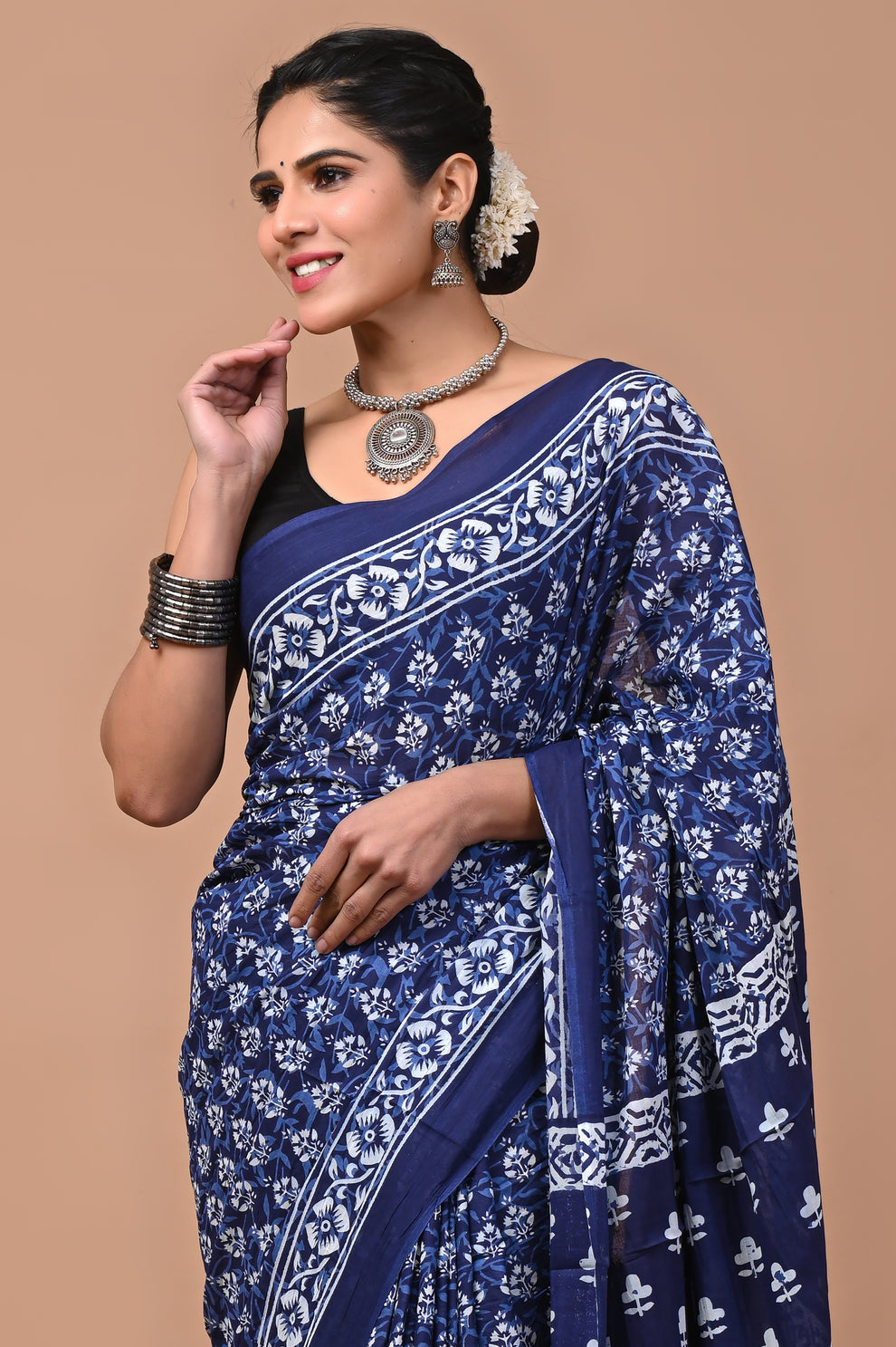 ROVIM Jaipuri Hand Block Printed Cotton Mulmul Saree with Blouse – Soft, Lightweight & Skin-Friendly | Traditional Ethnic Wear for Women