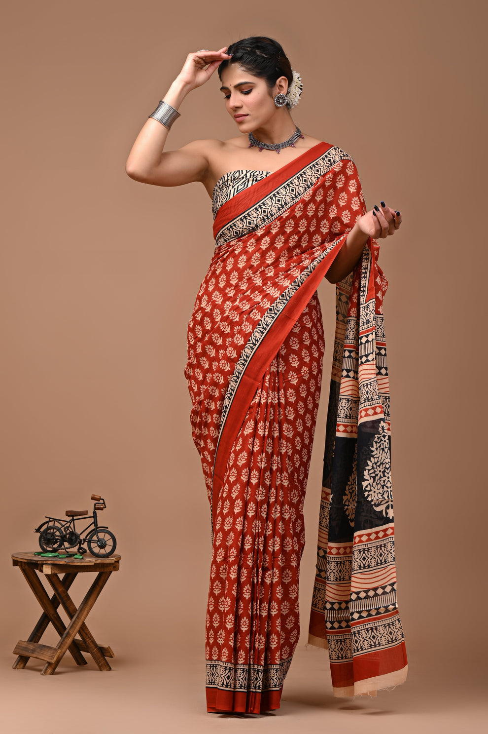 ROVIM Jaipuri Hand Block Printed Cotton Mulmul Saree with Blouse – Soft, Lightweight & Skin-Friendly | Traditional Ethnic Wear for Women