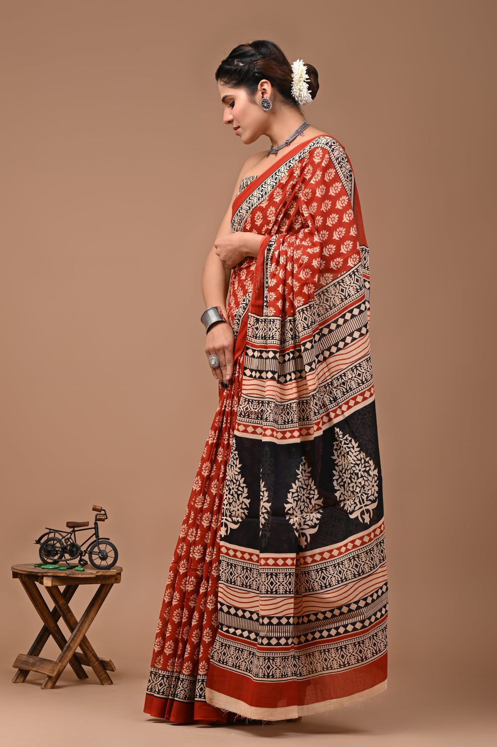 ROVIM Jaipuri Hand Block Printed Cotton Mulmul Saree with Blouse – Soft, Lightweight & Skin-Friendly | Traditional Ethnic Wear for Women