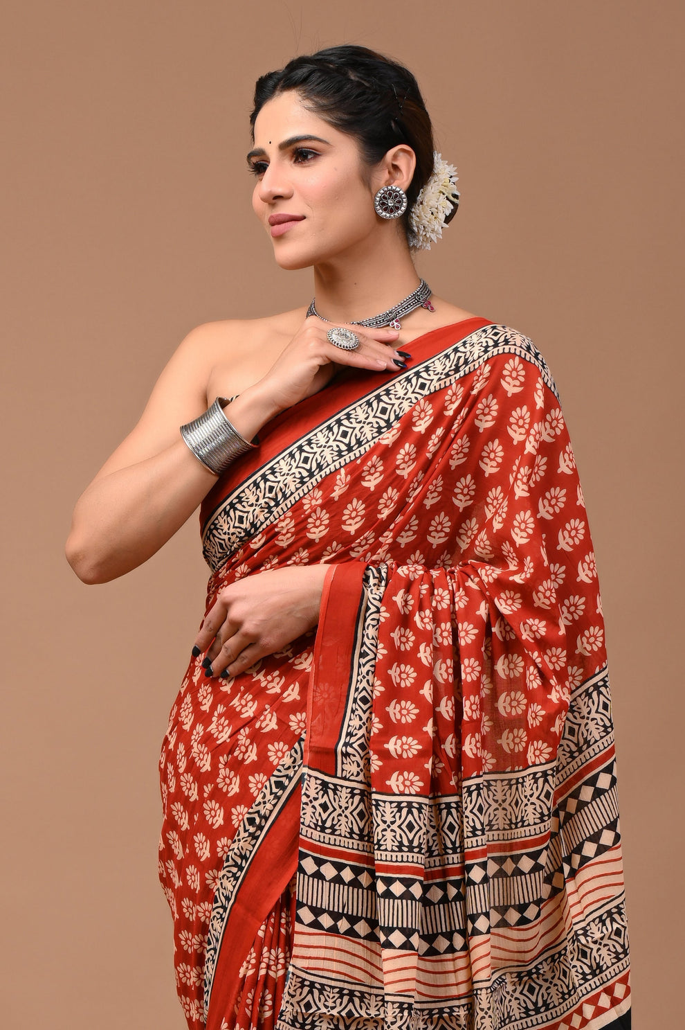 ROVIM Jaipuri Hand Block Printed Cotton Mulmul Saree with Blouse – Soft, Lightweight & Skin-Friendly | Traditional Ethnic Wear for Women