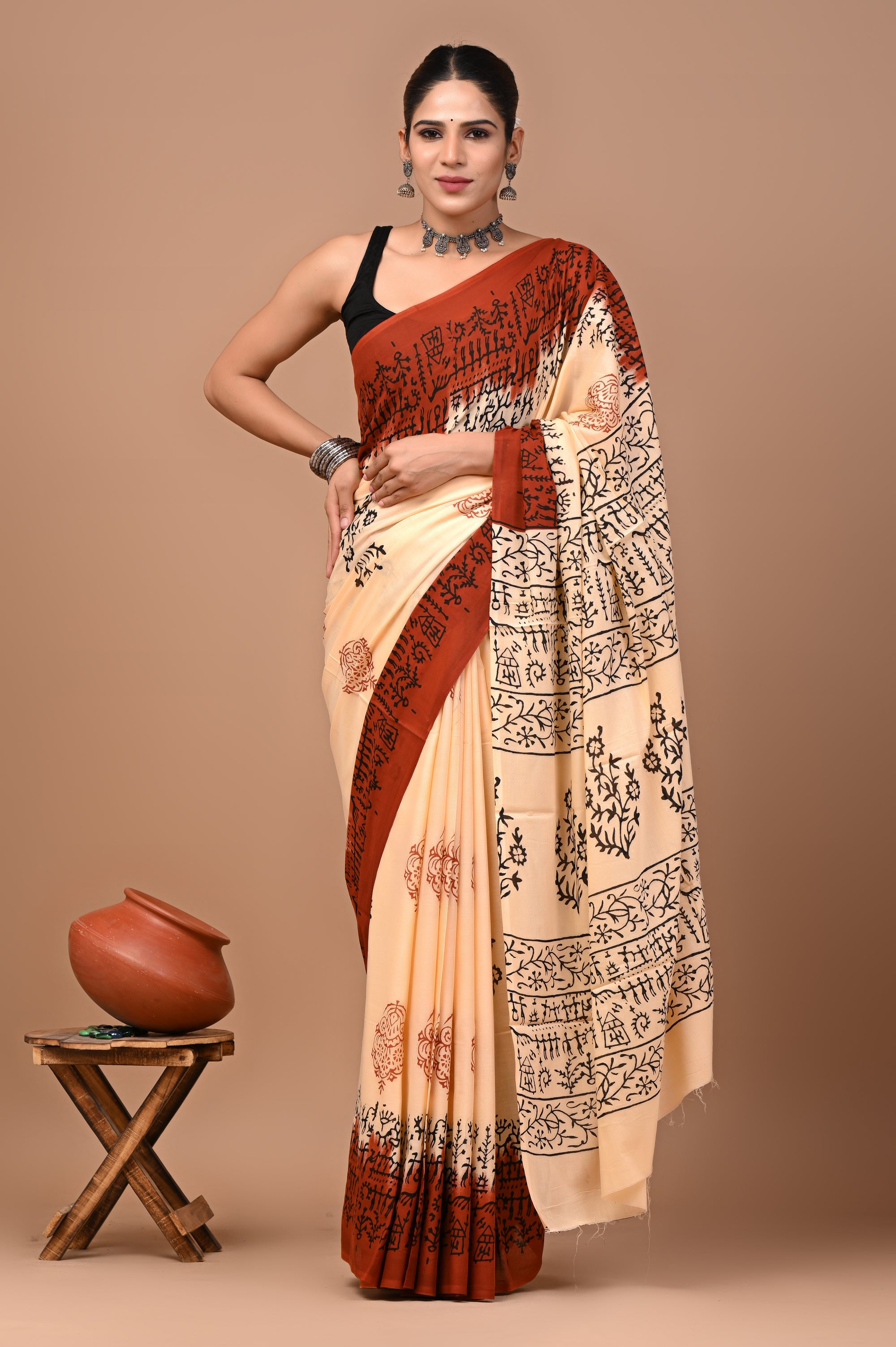 jaipuri hand block print cotton mulmul saree with blouse