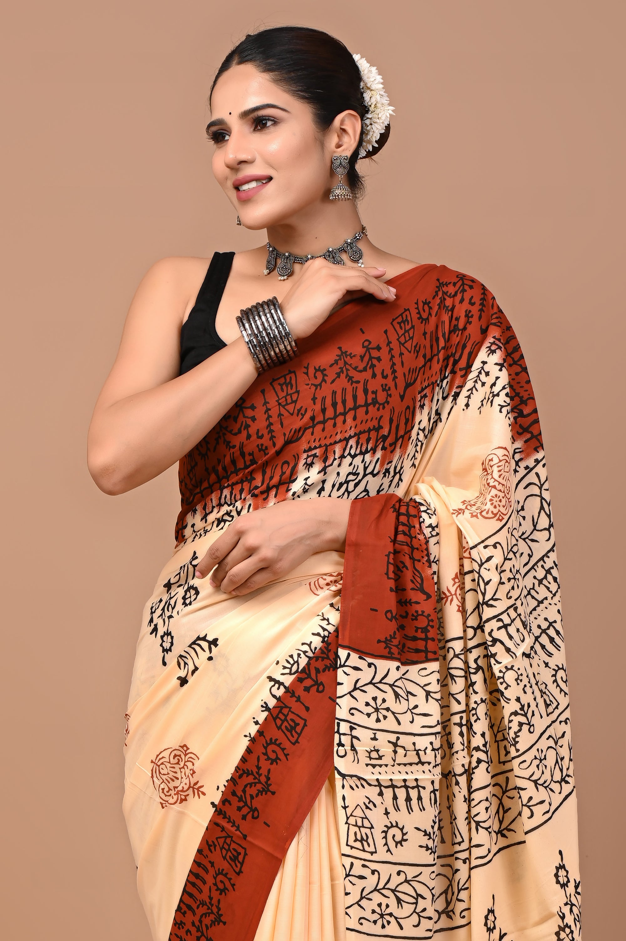 Rovim Jaipuri Traditional Hand Block Print Cotton Mulmul Saree With Matching Blouse Piece