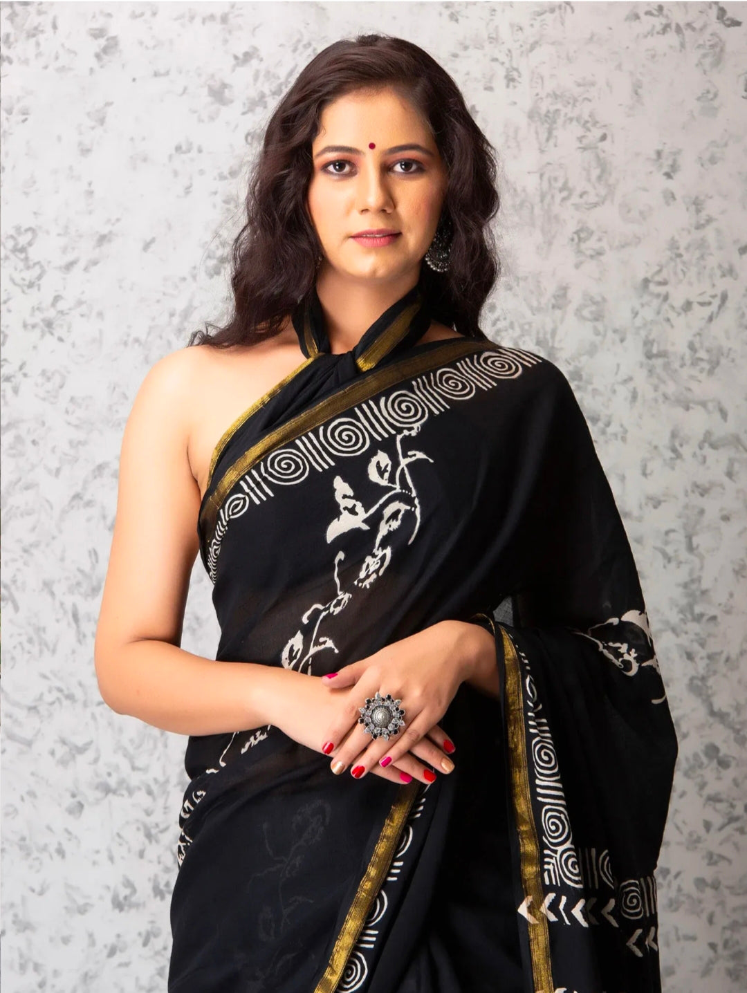 ROVIM Hand Block Printed Cotton Saree with Golden Zari Border & Blouse – Elegant Traditional Wear for Festive & Special Occasions