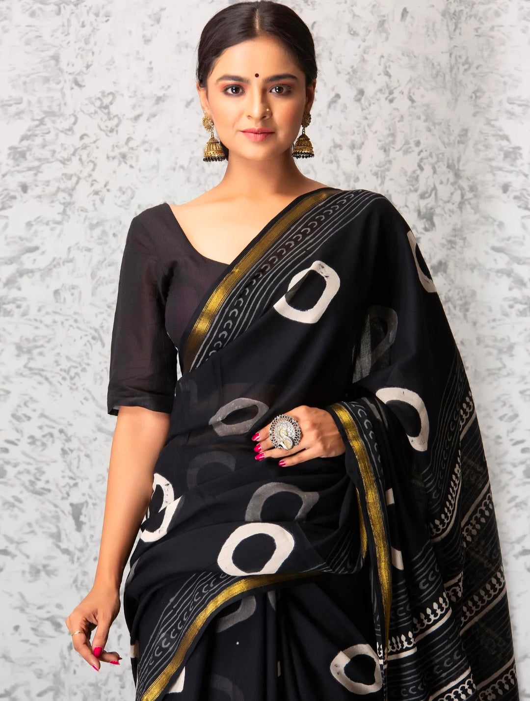 ROVIM Hand Block Printed Cotton Saree with Golden Zari Border & Blouse – Elegant Traditional Wear for Festive & Special Occasions