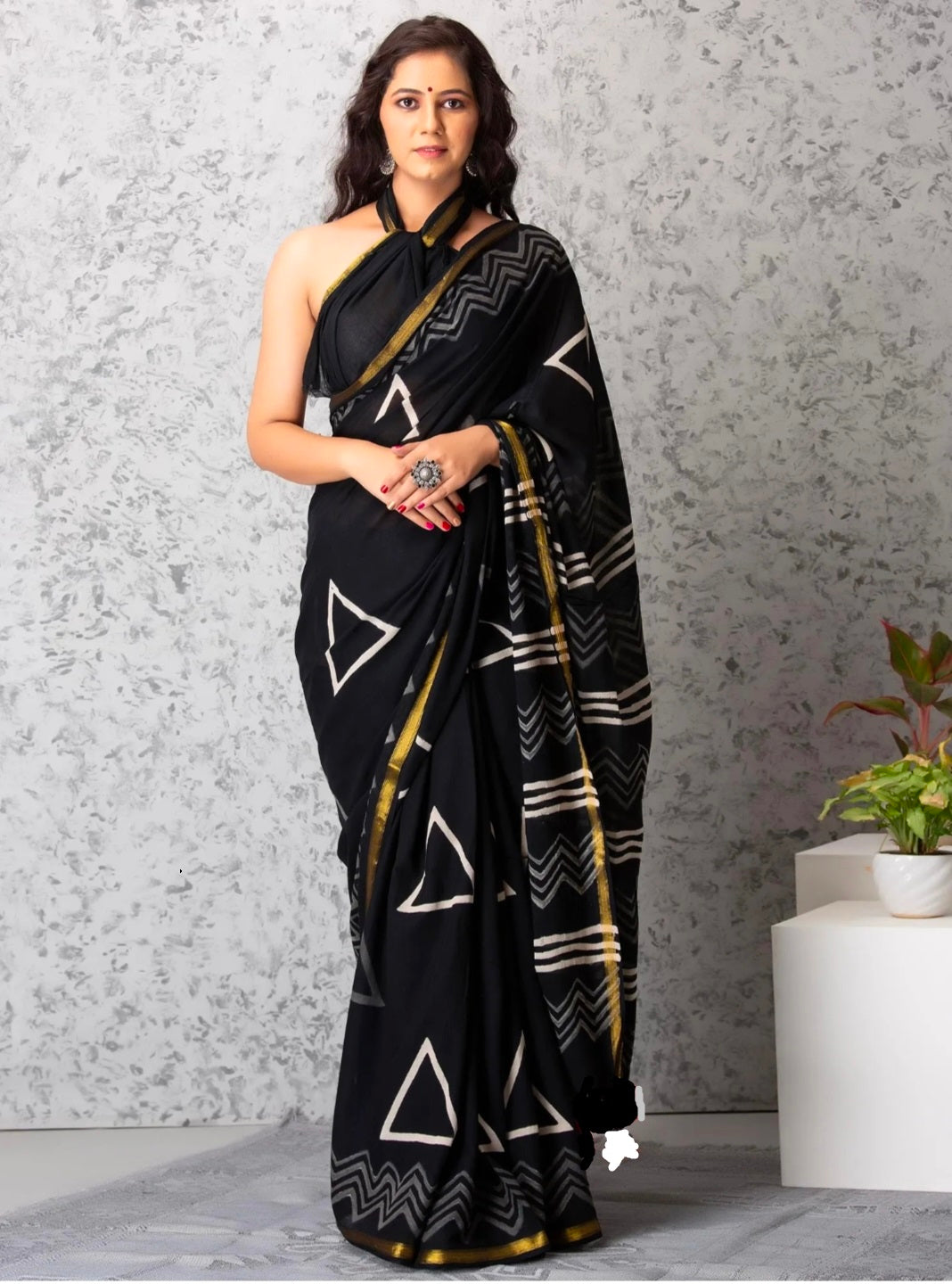 ROVIM Hand Block Printed Cotton Saree with Golden Zari Border & Blouse – Elegant Traditional Wear for Festive & Special Occasions