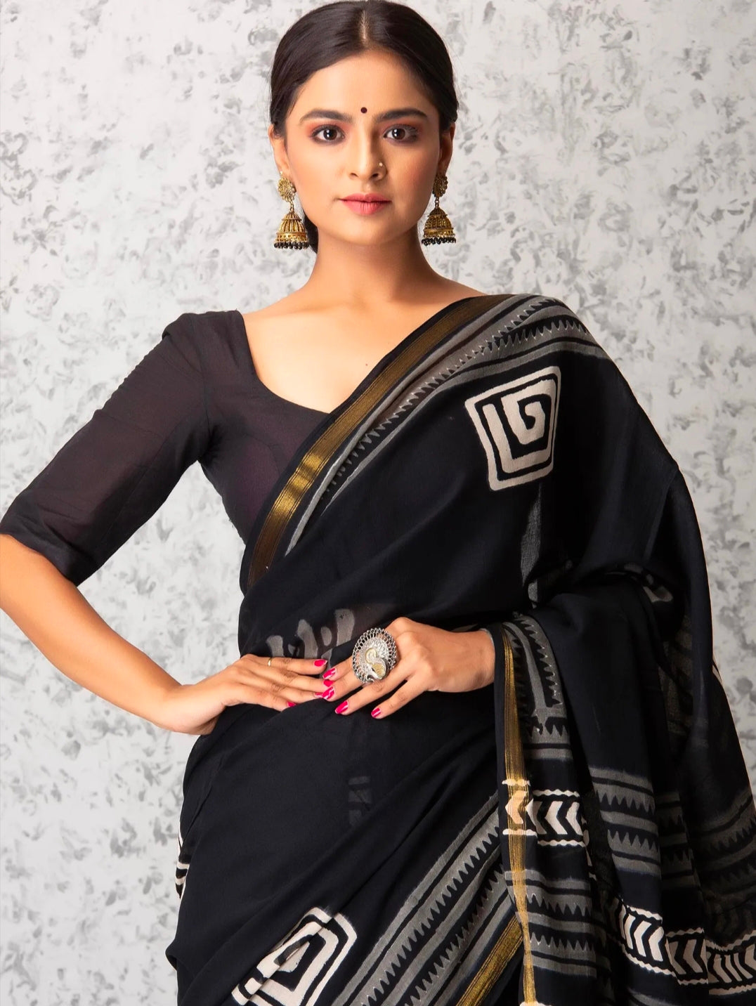 ROVIM Hand Block Printed Cotton Saree with Golden Zari Border & Blouse – Elegant Traditional Wear for Festive & Special Occasions
