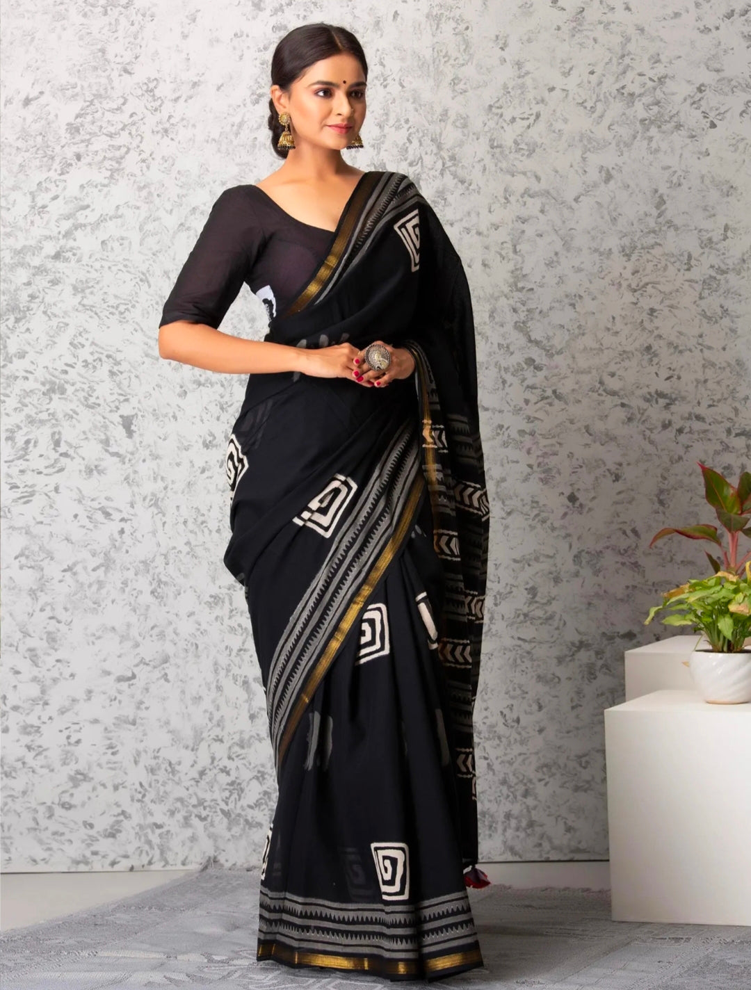 ROVIM Hand Block Printed Cotton Saree with Golden Zari Border & Blouse – Elegant Traditional Wear for Festive & Special Occasions