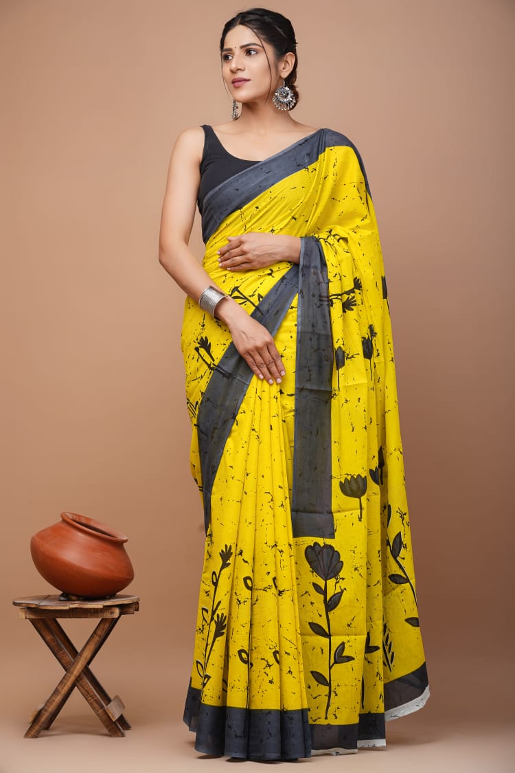 ROVIM Jaipuri Hand Block Printed Cotton Mulmul Saree with Blouse – Soft, Lightweight & Skin-Friendly | Traditional Ethnic Wear for Women