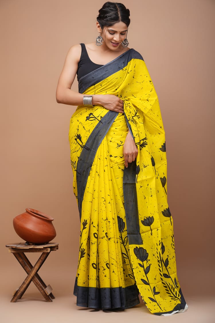 ROVIM Jaipuri Hand Block Printed Cotton Mulmul Saree with Blouse – Soft, Lightweight & Skin-Friendly | Traditional Ethnic Wear for Women