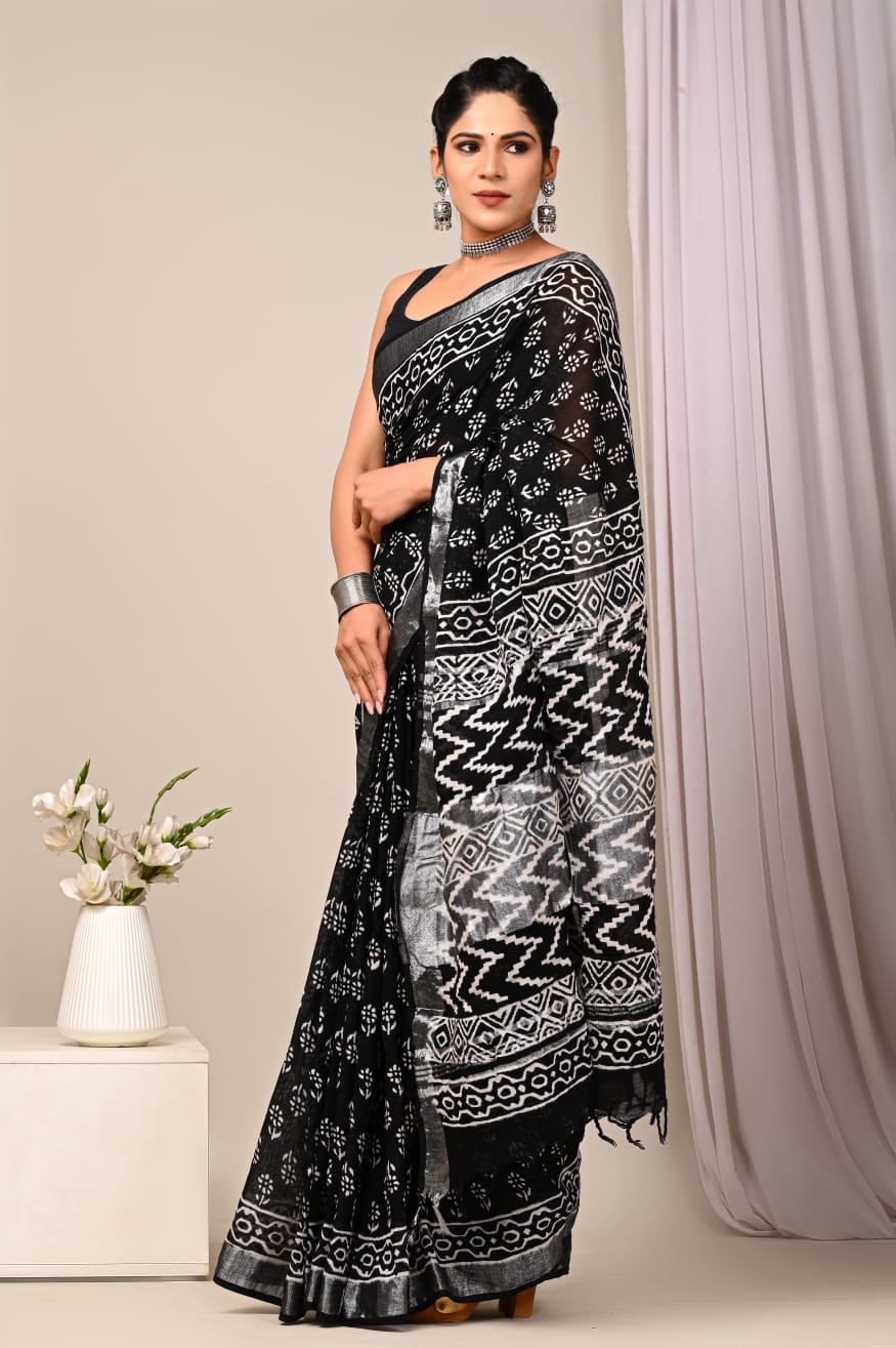 ROVIM Hand Block Printed Cotton Linen Saree with Blouse – Elegant Ethnic Look | Lightweight & Breathable Fabric