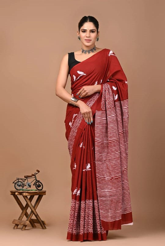 ROVIM Jaipuri Hand Block Printed Cotton Mulmul Saree with Blouse – Soft, Lightweight & Skin-Friendly | Traditional Ethnic Wear for Women