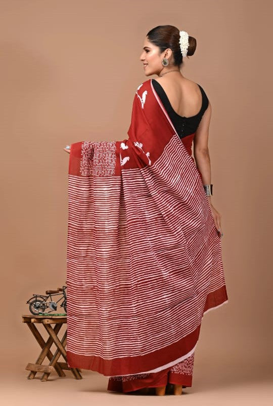 ROVIM Jaipuri Hand Block Printed Cotton Mulmul Saree with Blouse – Soft, Lightweight & Skin-Friendly | Traditional Ethnic Wear for Women