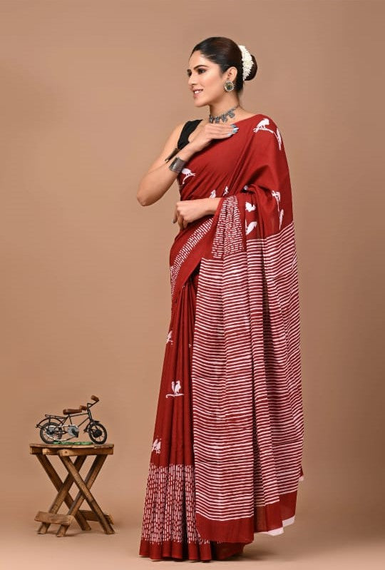 ROVIM Jaipuri Hand Block Printed Cotton Mulmul Saree with Blouse – Soft, Lightweight & Skin-Friendly | Traditional Ethnic Wear for Women