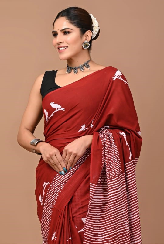 ROVIM Jaipuri Hand Block Printed Cotton Mulmul Saree with Blouse – Soft, Lightweight & Skin-Friendly | Traditional Ethnic Wear for Women