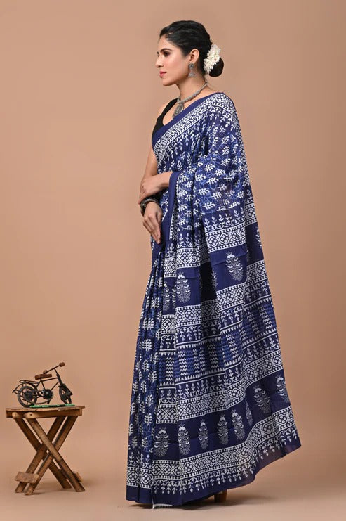 ROVIM Jaipuri Hand Block Printed Cotton Mulmul Saree with Blouse – Soft, Lightweight & Skin-Friendly | Traditional Ethnic Wear for Women