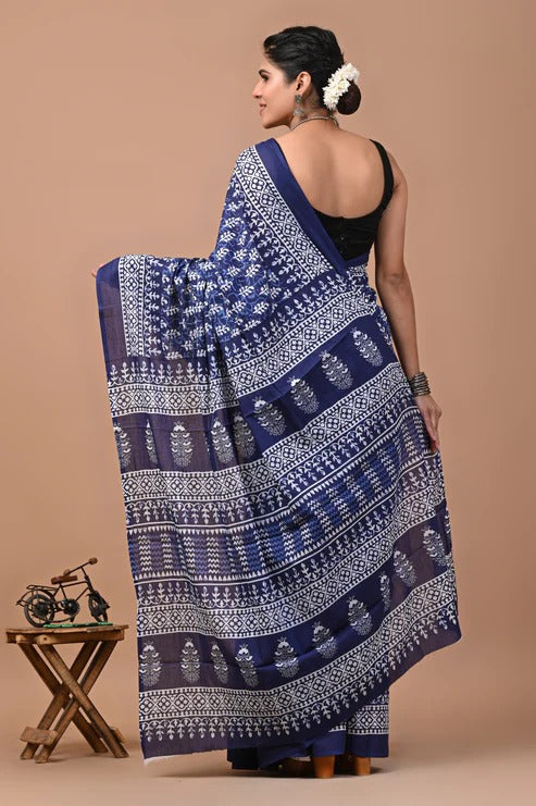 ROVIM Jaipuri Hand Block Printed Cotton Mulmul Saree with Blouse – Soft, Lightweight & Skin-Friendly | Traditional Ethnic Wear for Women