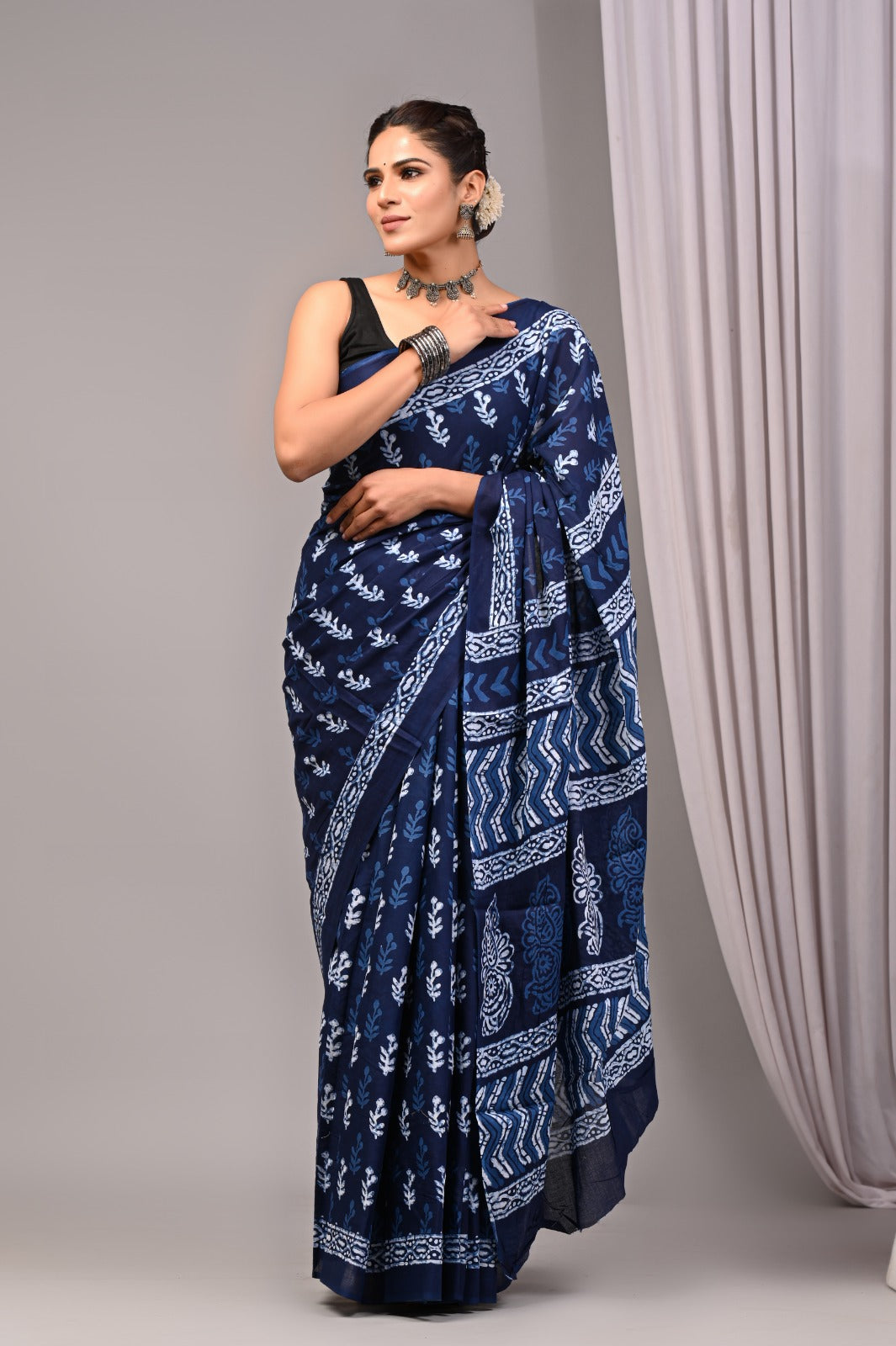 ROVIM Jaipuri Hand Block Printed Cotton Mulmul Saree with Blouse – Soft, Lightweight & Skin-Friendly | Traditional Ethnic Wear for Women