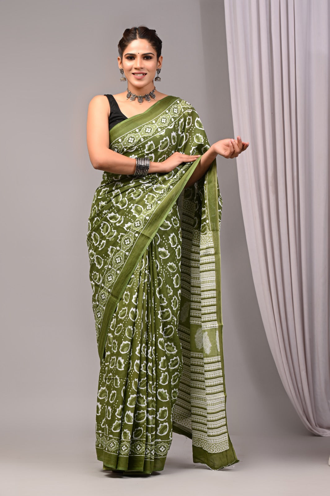 ROVIM Jaipuri Hand Block Printed Cotton Mulmul Saree with Blouse – Soft, Lightweight & Skin-Friendly | Traditional Ethnic Wear for Women