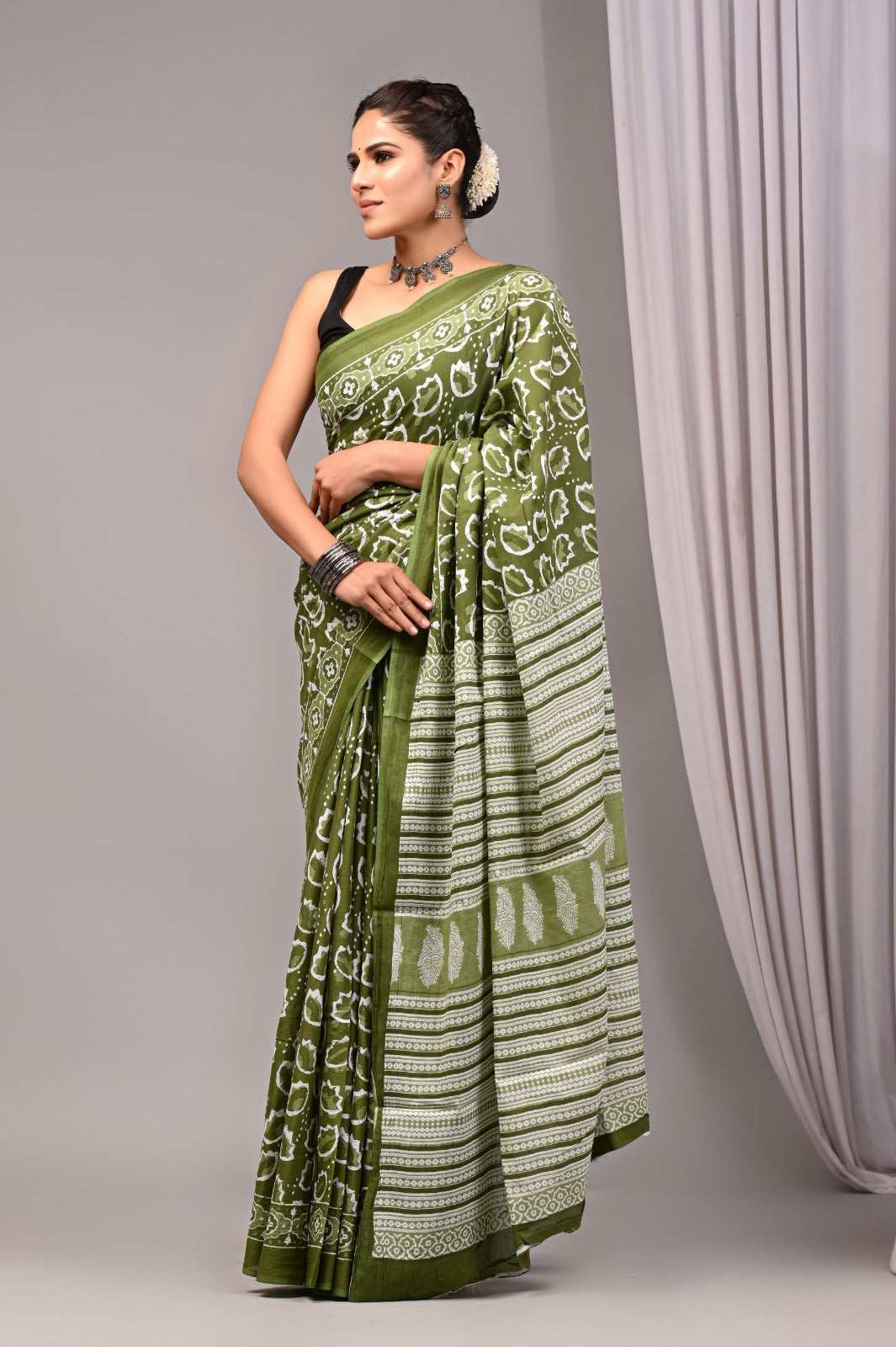 ROVIM Jaipuri Hand Block Printed Cotton Mulmul Saree with Blouse – Soft, Lightweight & Skin-Friendly | Traditional Ethnic Wear for Women