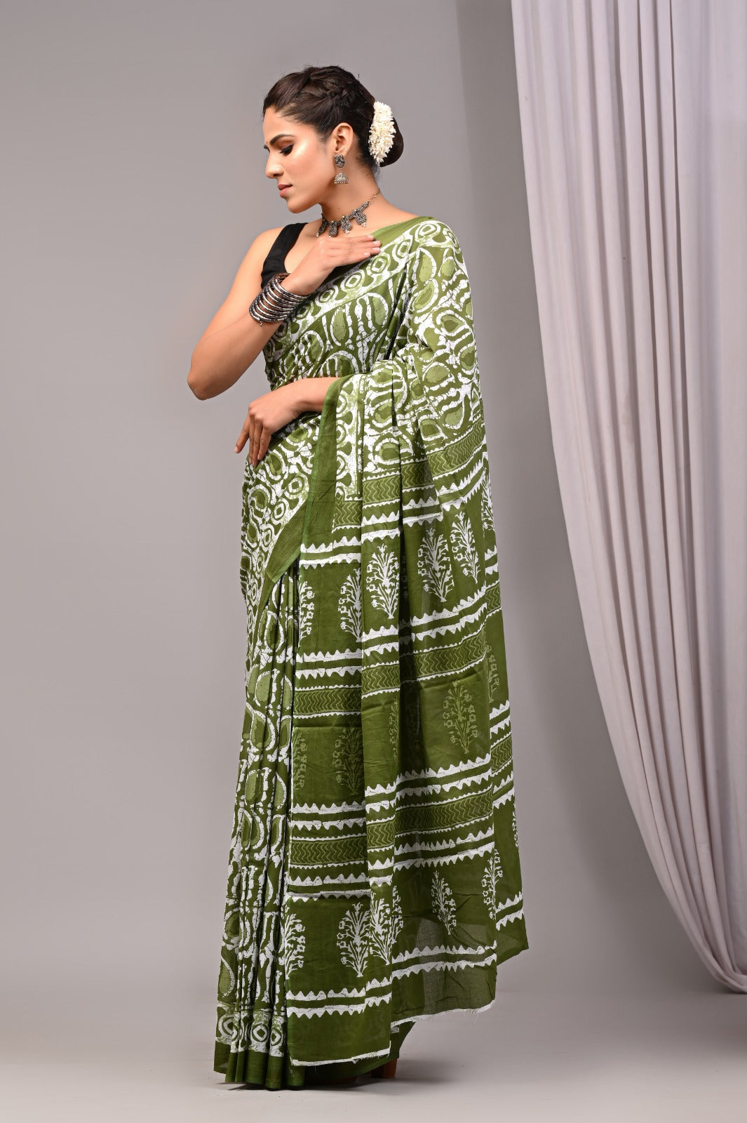 ROVIM Jaipuri Hand Block Printed Cotton Mulmul Saree with Blouse – Soft, Lightweight & Skin-Friendly | Traditional Ethnic Wear for Women