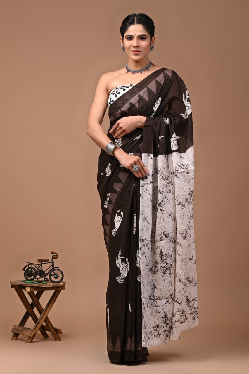 ROVIM Jaipuri Hand Block Printed Cotton Mulmul Saree with Blouse – Soft, Lightweight & Skin-Friendly | Traditional Ethnic Wear for Women