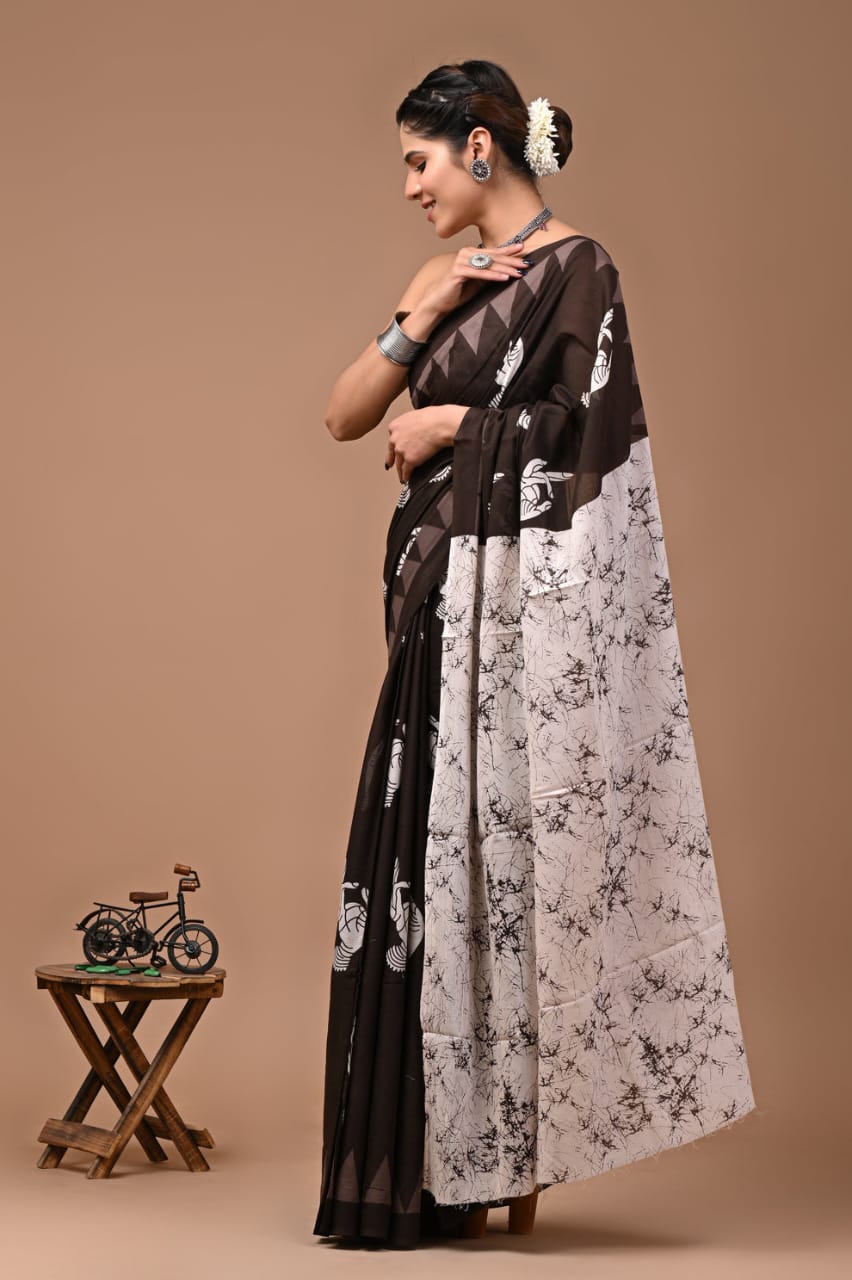 ROVIM Jaipuri Hand Block Printed Cotton Mulmul Saree with Blouse – Soft, Lightweight & Skin-Friendly | Traditional Ethnic Wear for Women