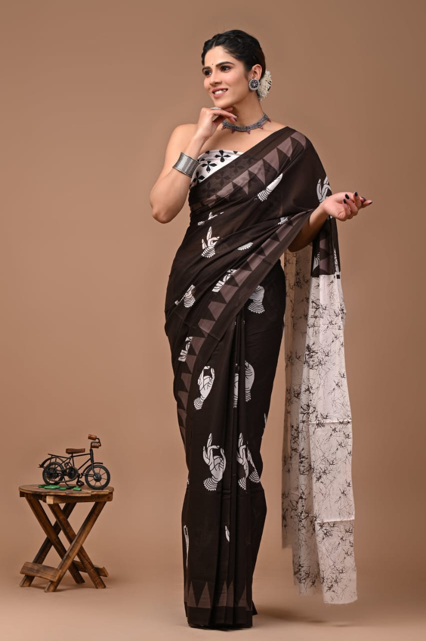 ROVIM Jaipuri Hand Block Printed Cotton Mulmul Saree with Blouse – Soft, Lightweight & Skin-Friendly | Traditional Ethnic Wear for Women