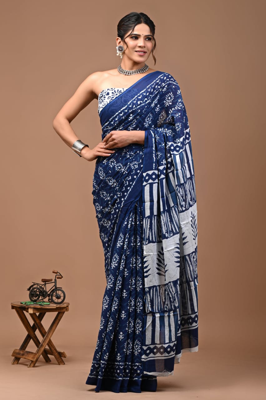 ROVIM Jaipuri Hand Block Printed Cotton Mulmul Saree with Blouse – Soft, Lightweight & Skin-Friendly | Traditional Ethnic Wear for Women