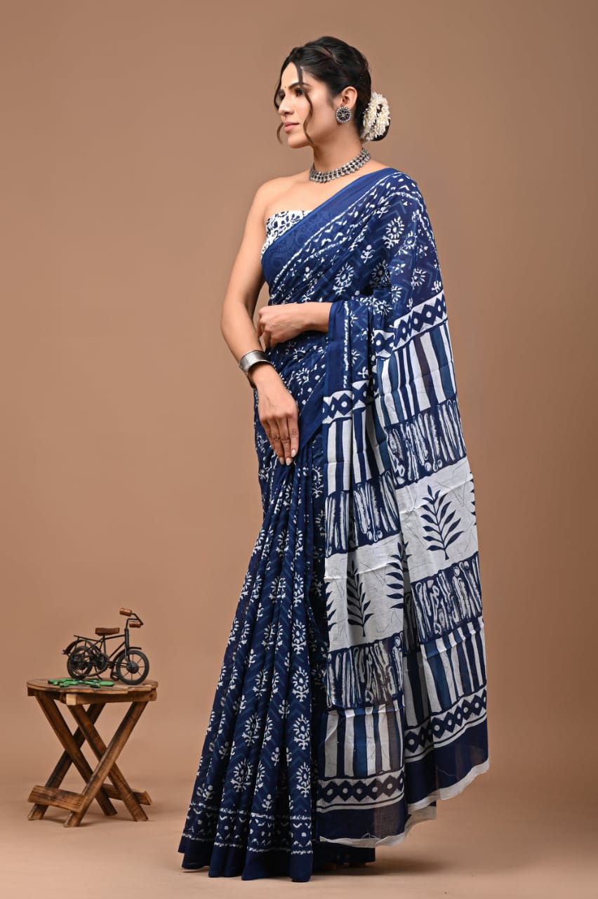 ROVIM Jaipuri Hand Block Printed Cotton Mulmul Saree with Blouse – Soft, Lightweight & Skin-Friendly | Traditional Ethnic Wear for Women
