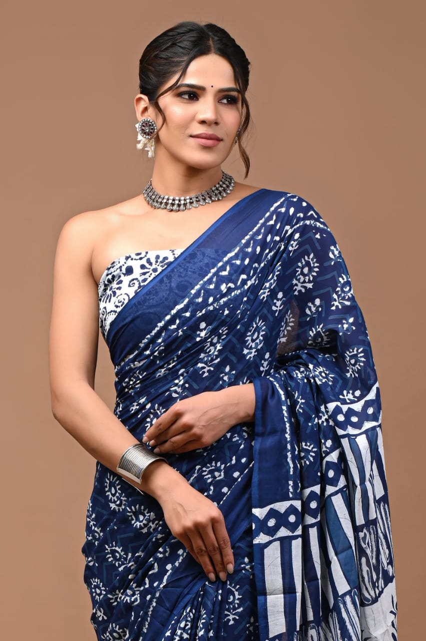 ROVIM Jaipuri Hand Block Printed Cotton Mulmul Saree with Blouse – Soft, Lightweight & Skin-Friendly | Traditional Ethnic Wear for Women