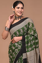 Green Keri Hand Block Print Cotton Mulmul Saree with Blouse