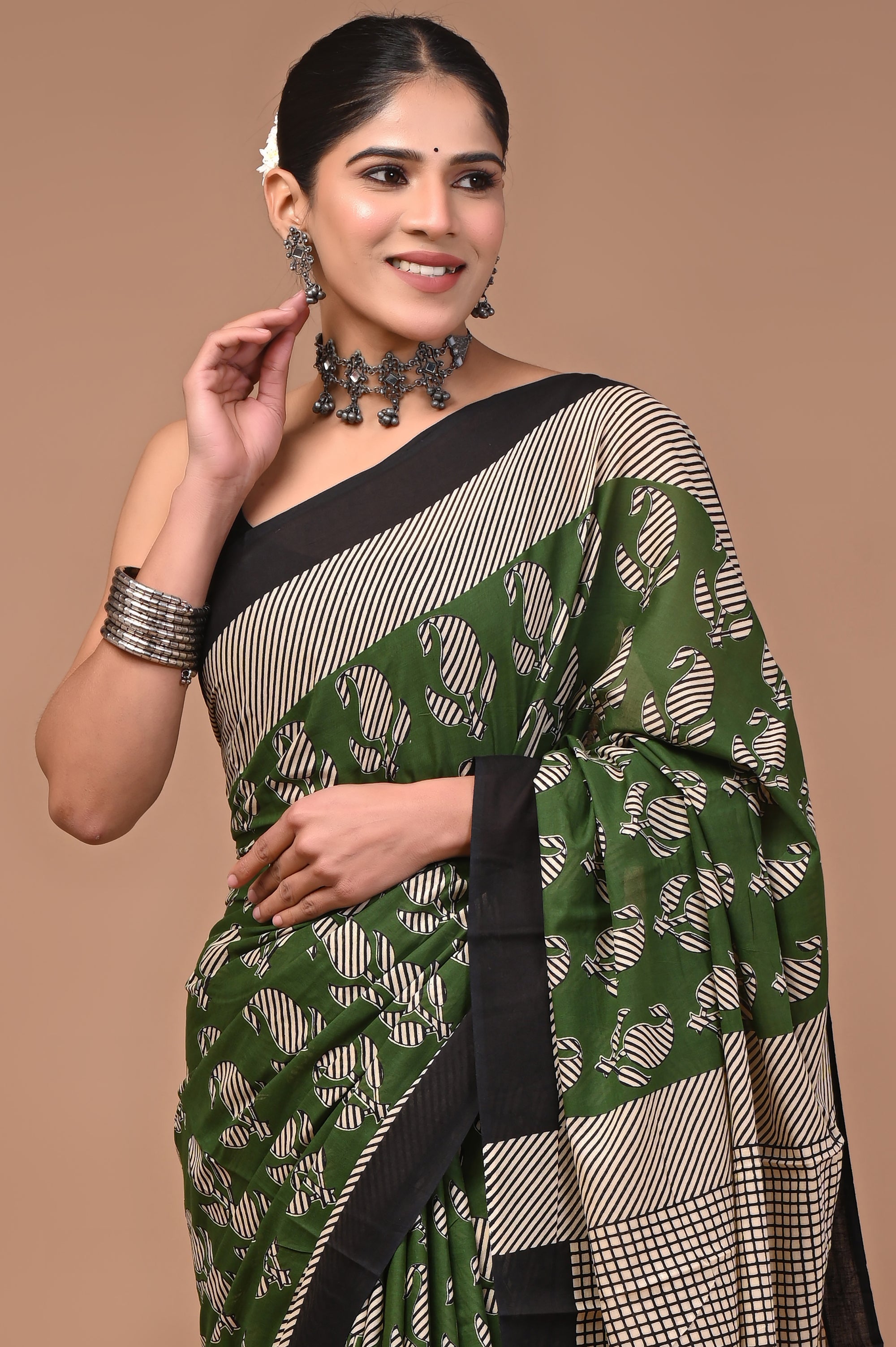 Green Keri Hand Block Print Cotton Mulmul Saree with Blouse