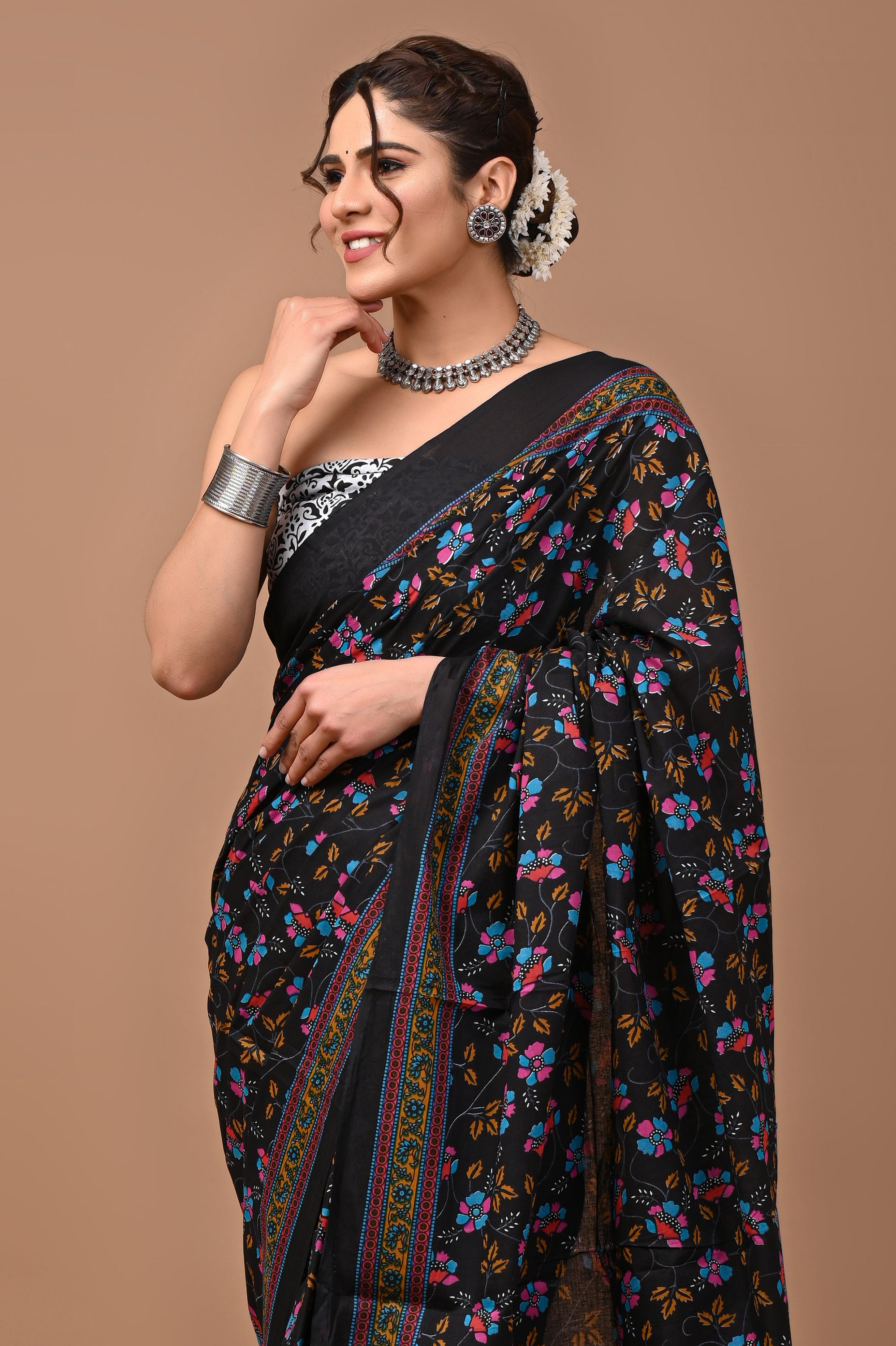 Black Jaal Hand Block Printed Cotton mulmul Saree with Blouse