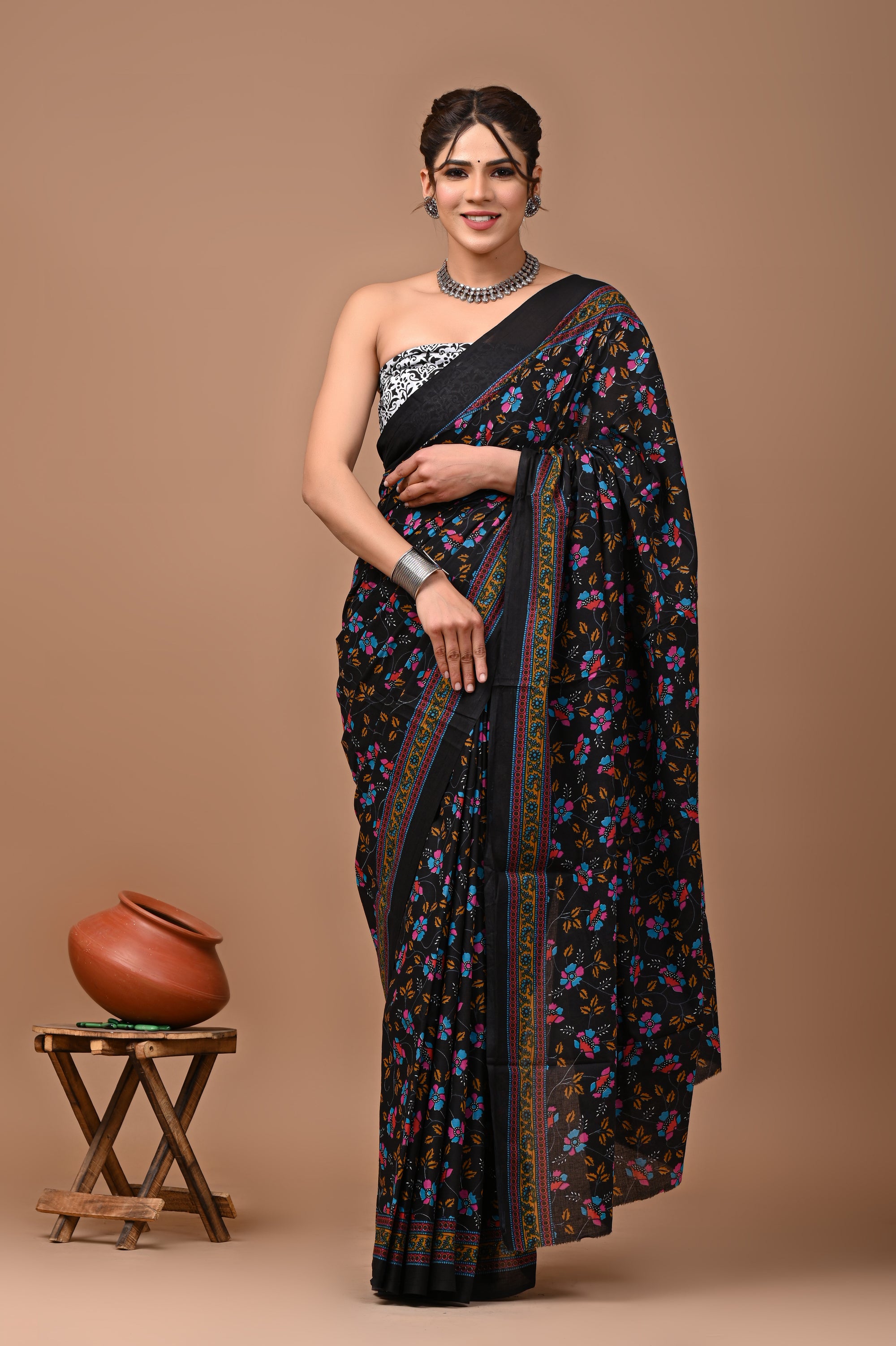 Black Jaal Hand Block Printed Cotton mulmul Saree with Blouse
