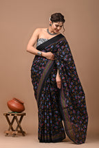 Black Jaal Hand Block Printed Cotton mulmul Saree with Blouse