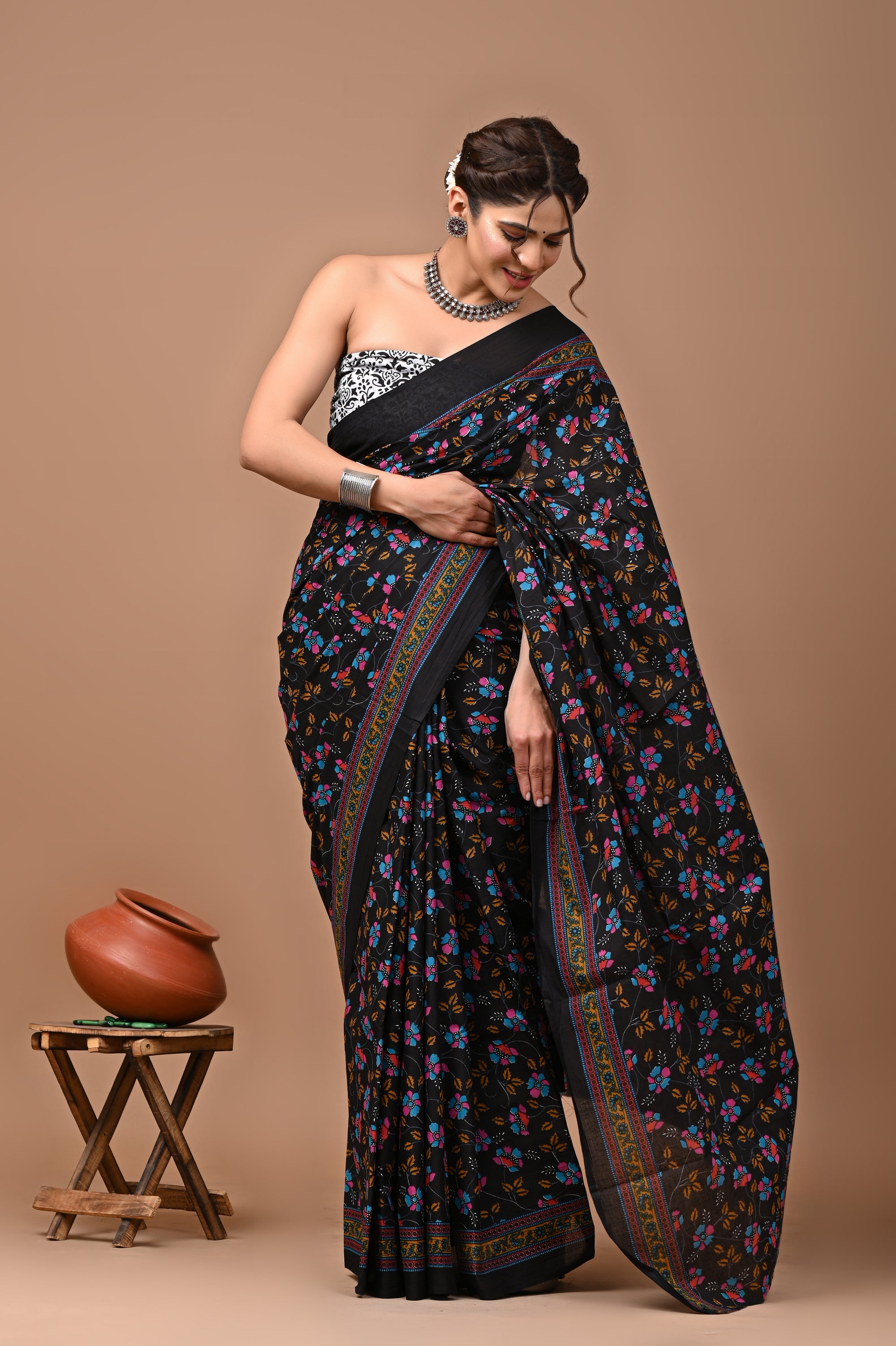 Black Jaal Hand Block Printed Cotton mulmul Saree with Blouse