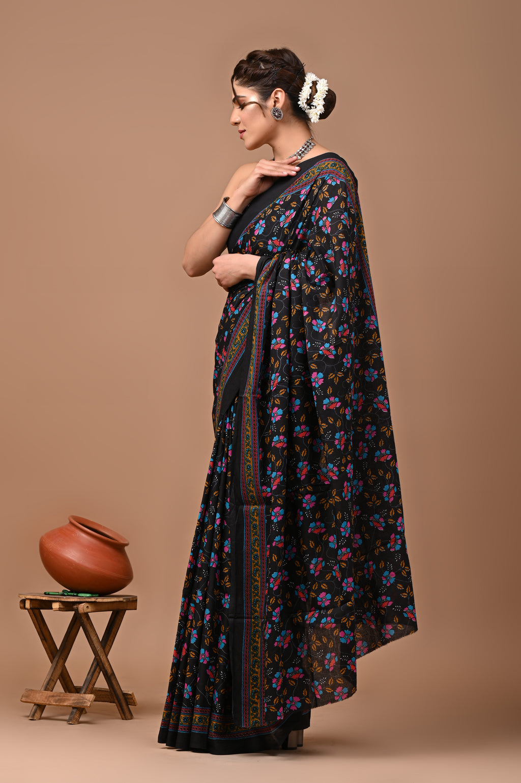 Black Jaal Hand Block Printed Cotton mulmul Saree with Blouse