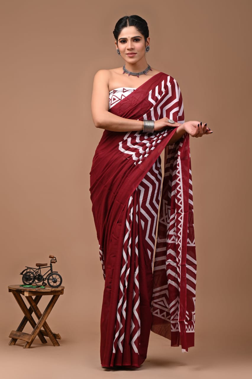 Rovim Jaipuri Traditional Hand Block Printed Cotton Mulmul Saree with Blouse for Women