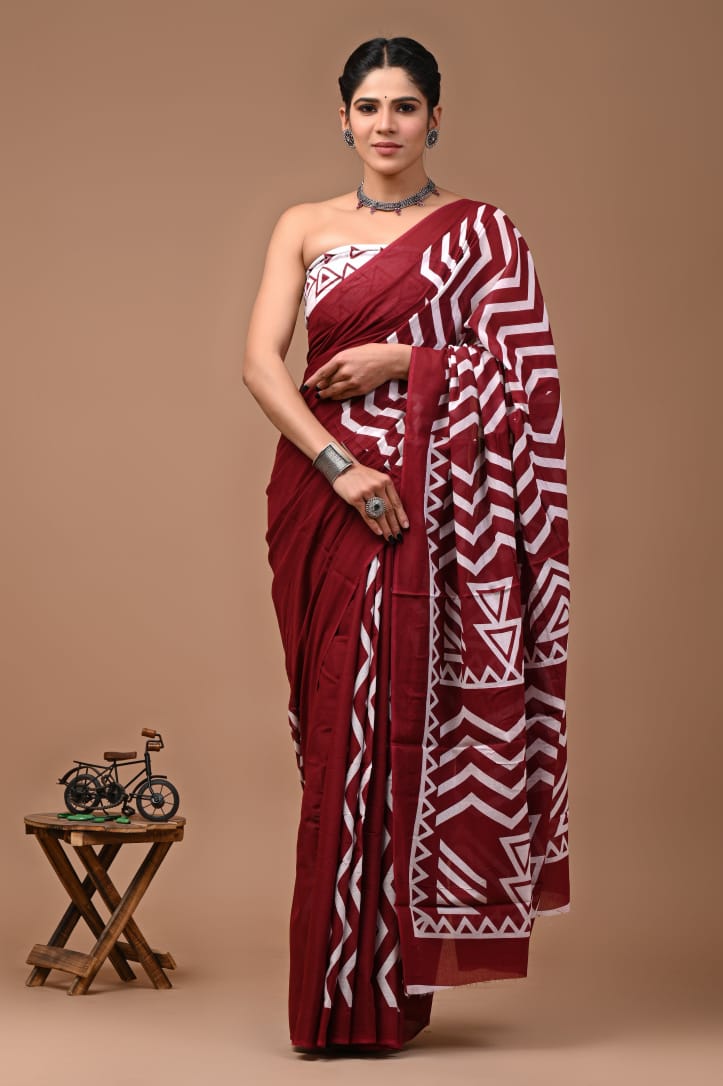 Rovim Jaipuri Traditional Hand Block Printed Cotton Mulmul Saree with Blouse for Women