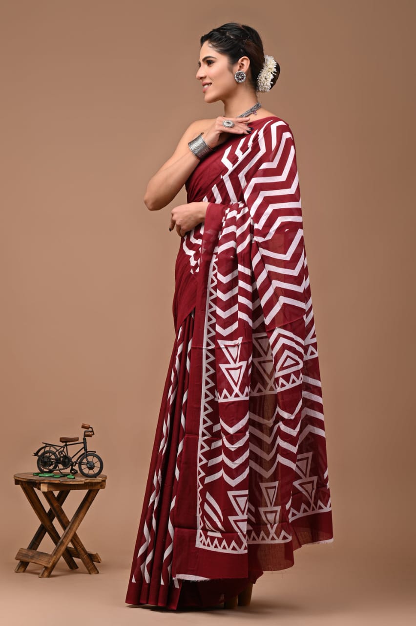 Rovim Jaipuri Traditional Hand Block Printed Cotton Mulmul Saree with Blouse for Women