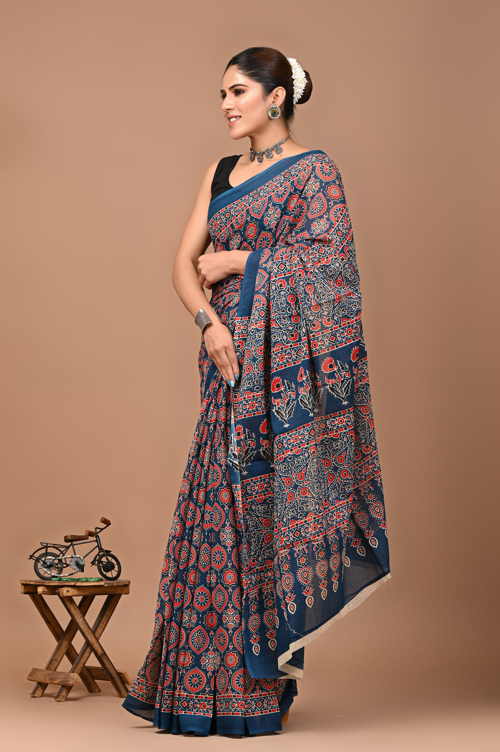 ROVIM Jaipuri Hand Block Printed Cotton Mulmul Saree with Blouse – Soft, Lightweight & Skin-Friendly | Traditional Ethnic Wear for Women