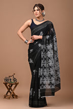 ROVIM Hand Block Printed Cotton Saree with Golden Zari Border & Blouse – Elegant Traditional Wear for Festive & Special Occasions