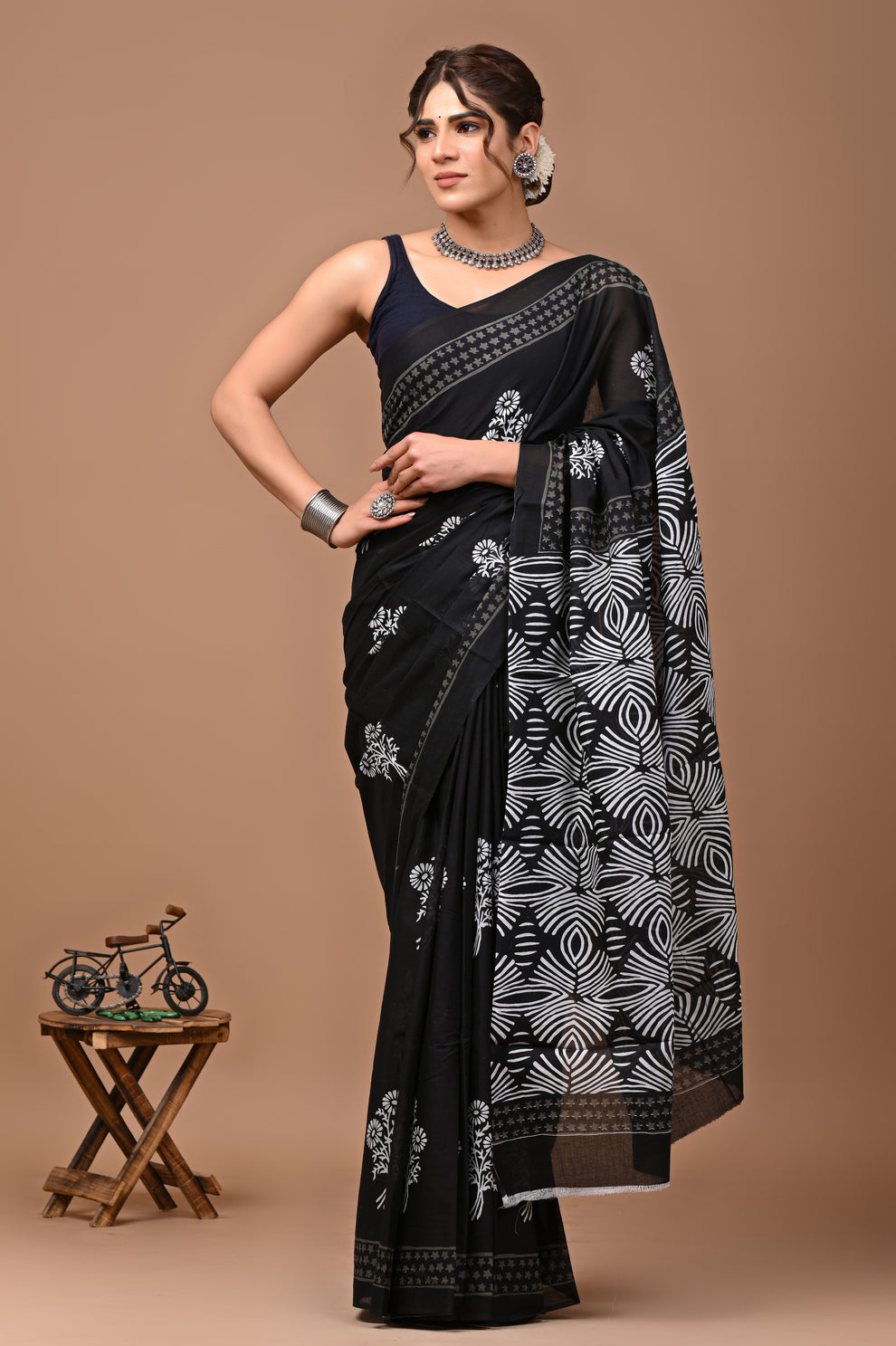 ROVIM Hand Block Printed Cotton Saree with Golden Zari Border & Blouse – Elegant Traditional Wear for Festive & Special Occasions